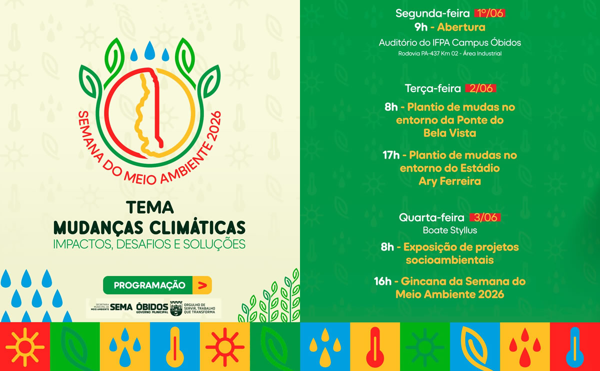 ÓBIDOS: Semana do Meio Ambiente 2026 será realizada no período de 1º a 3 de junho