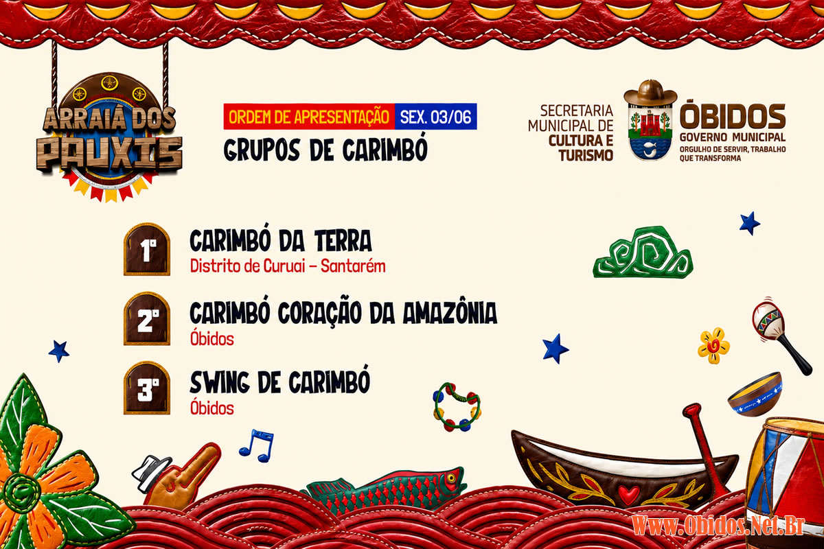 Sorteio define ordem de apresentação das quadrilhas juninas e grupos de carimbó do Arraiá dos Pauxis 2026